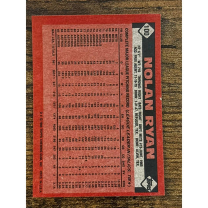 1986 TOPPS #100 NOLAN RYAN Houston Astros Baseball Card