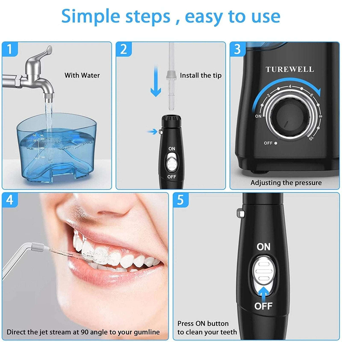 TUREWELL Water Dental Flosser for Gums Teeth Braces Cleaner Pick with 8 Jet Tips
