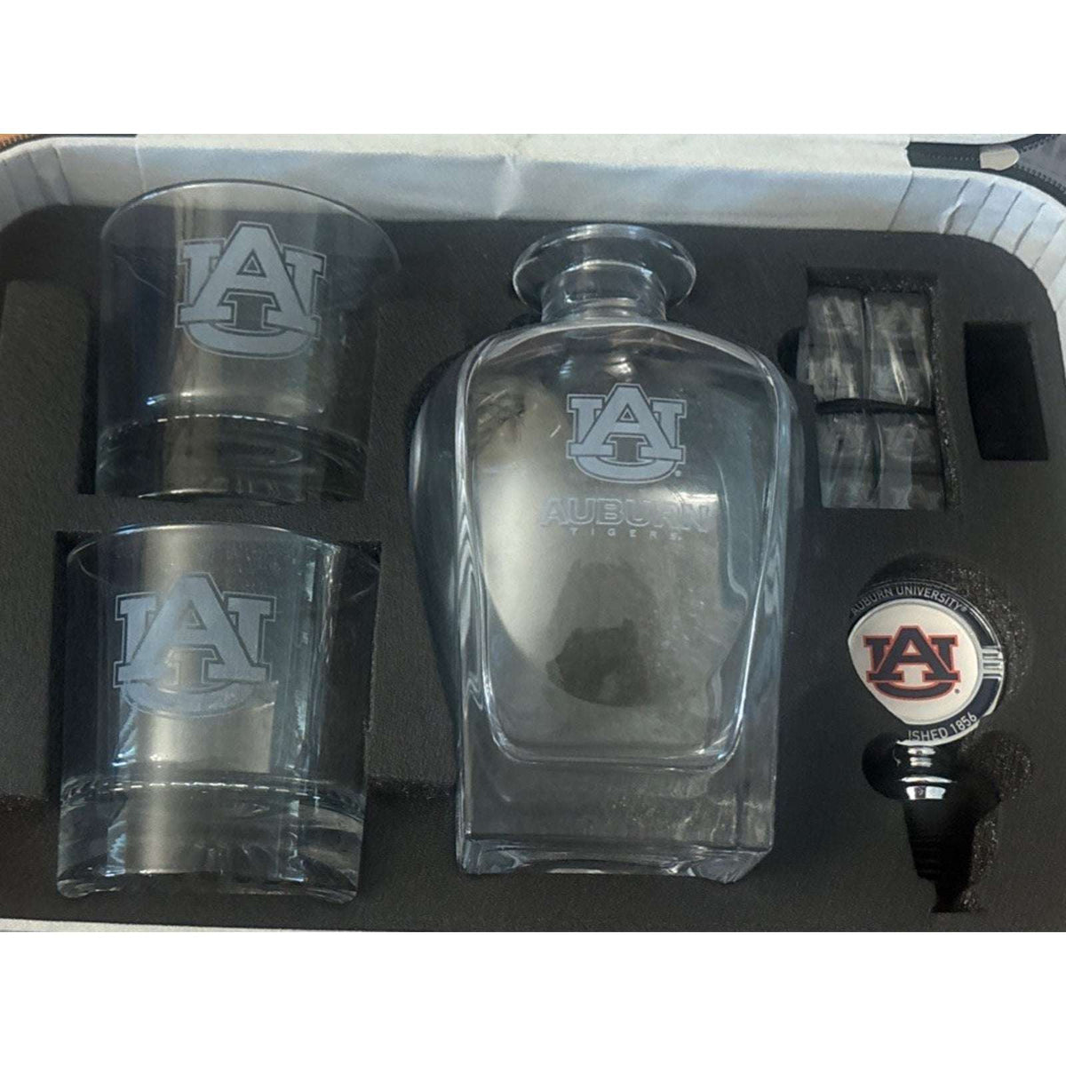 AUBURN TIGERS NCAA 750ml Whiskey Decanter & 2 Glass Set w/ Stones & Leather Case