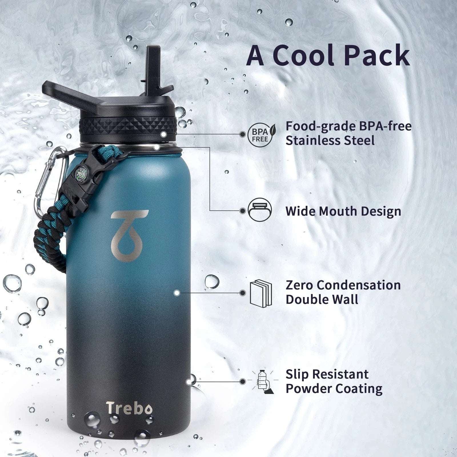 Trebo 32oz Water Bottle Insulated 3 Lids, Paracord, Carabiner, Compass & Whistle