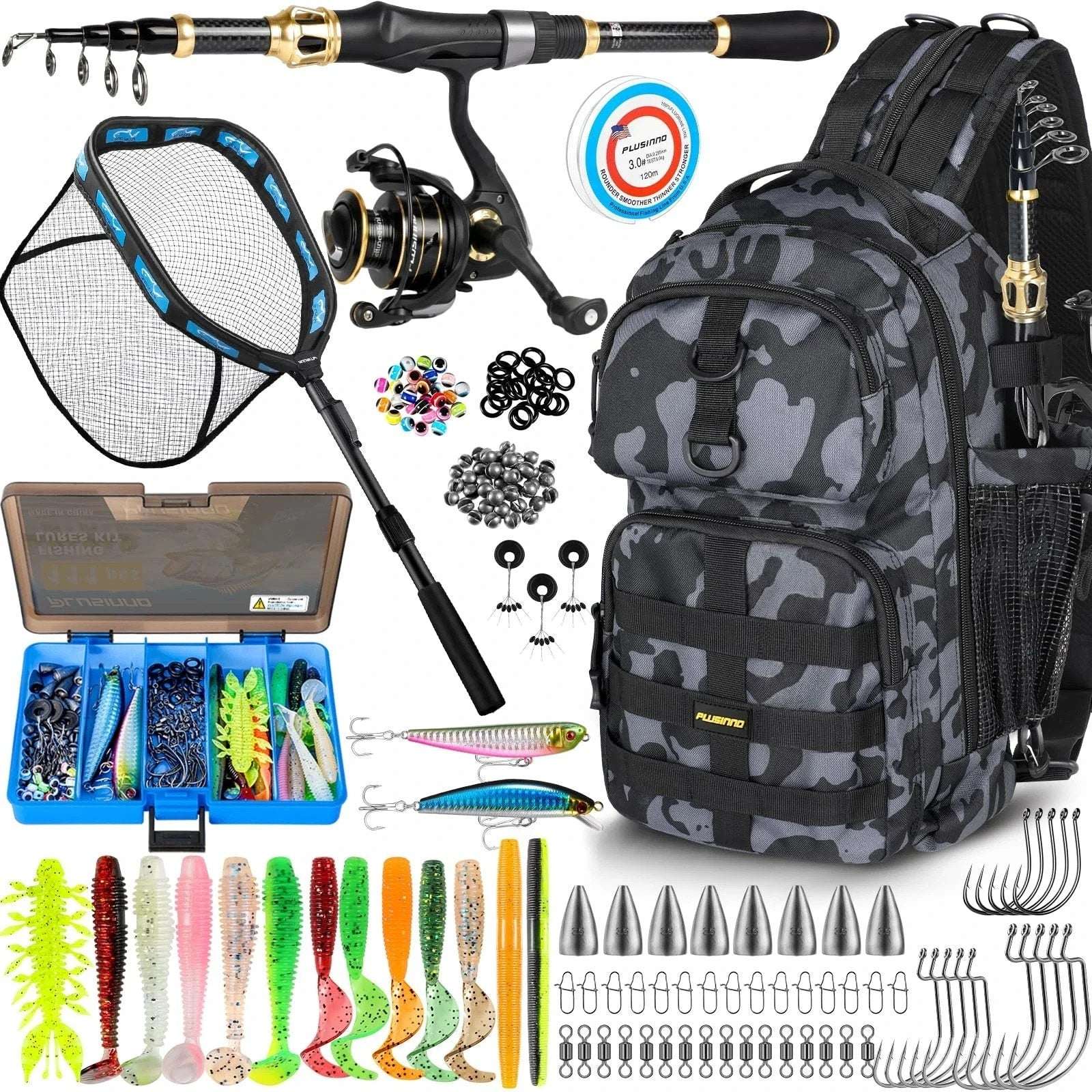 Plusinno Waterproof Fishing Backpack Tackle Bag, Rod, Reel, Net, 111PC Lure Kit+