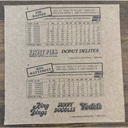 1988 Drakes Big Hitters & Super Pitchers 12 Cards #1 Don Mattingly #2 Tim Raines