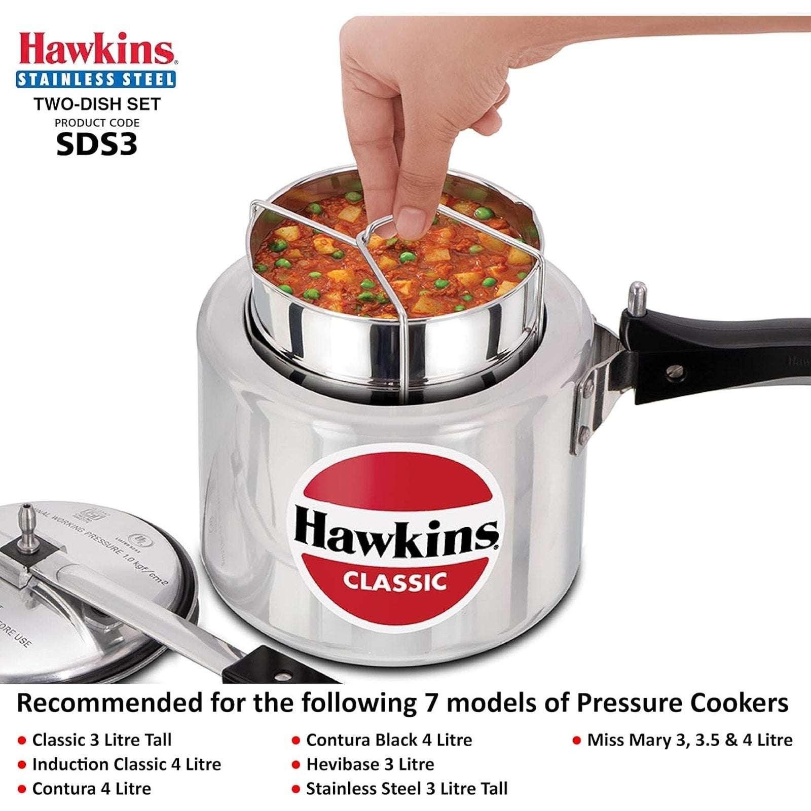 Hawkins Two-Dish Stainless Steel Set, Pressure Cooker 2 Pan Insert Multi-Cooker