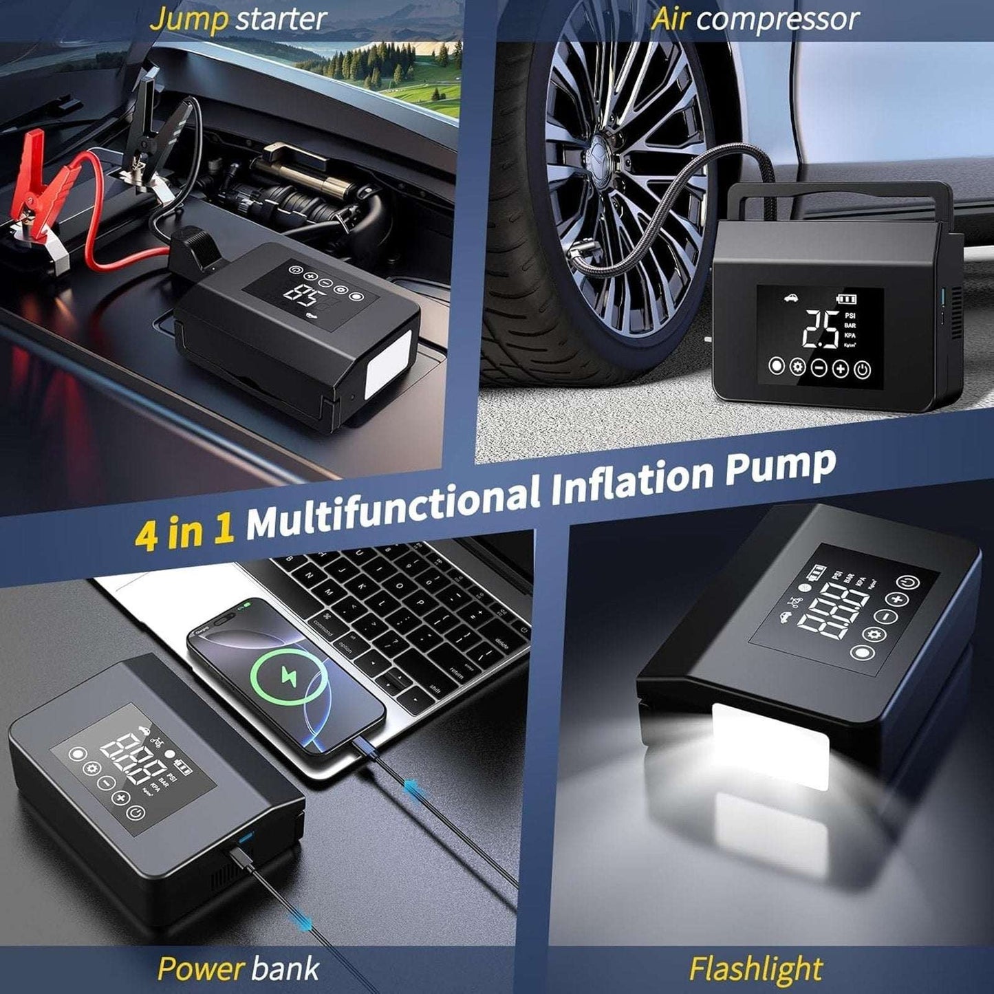 4000A 12V Car Jump Starter, 15000mAh Power Bank, Air Pump & LED Light Gas/Diesel