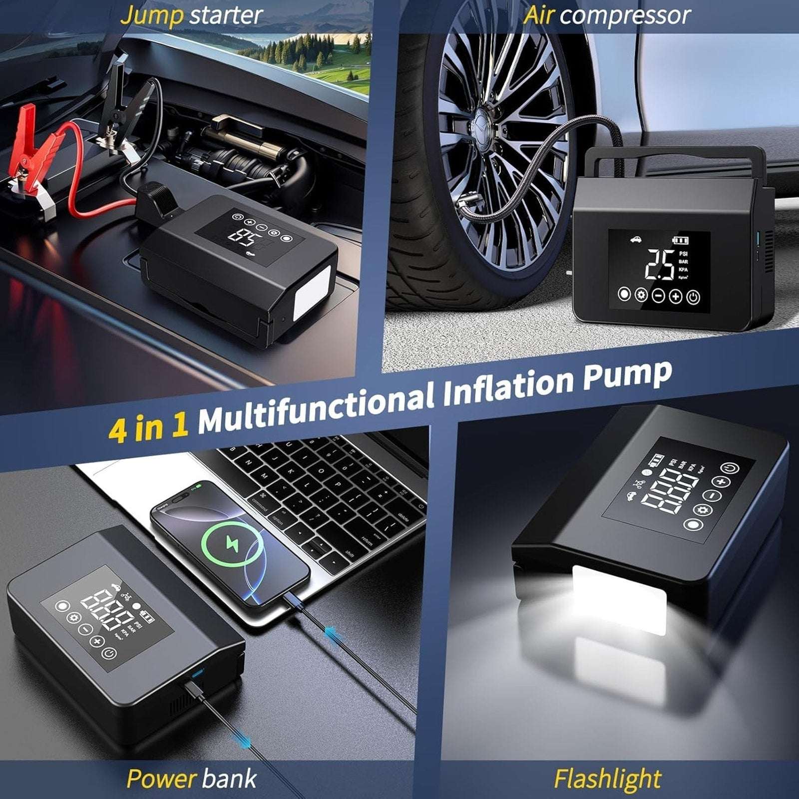 4000A 12V Car Jump Starter, 15000mAh Power Bank, Air Pump & LED Light Gas/Diesel