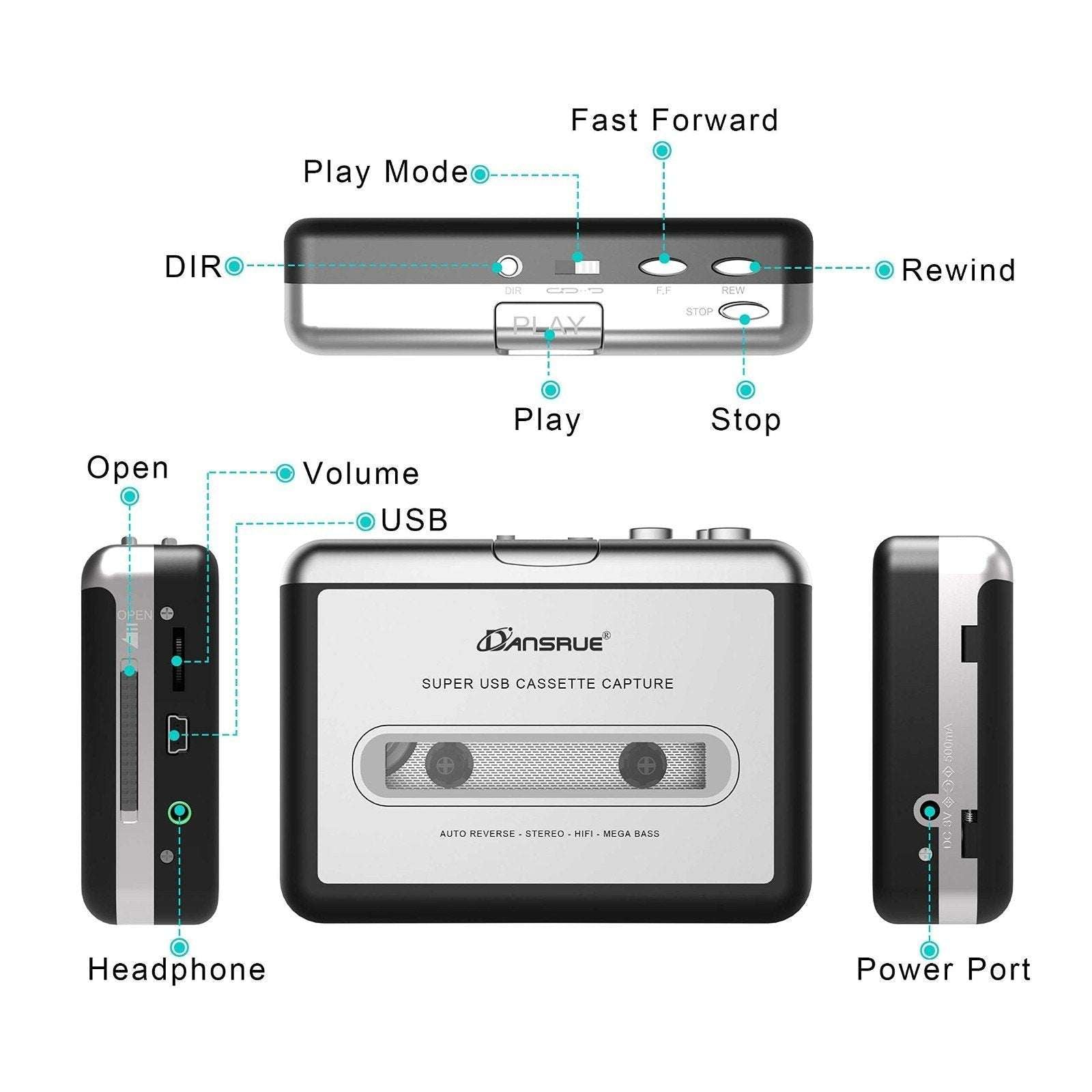 Dansrue USB Cassette Tape to MP3 Converter with Software CD and Headphones