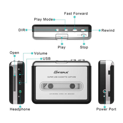 Dansrue USB Cassette Tape to MP3 Converter with Software CD and Headphones