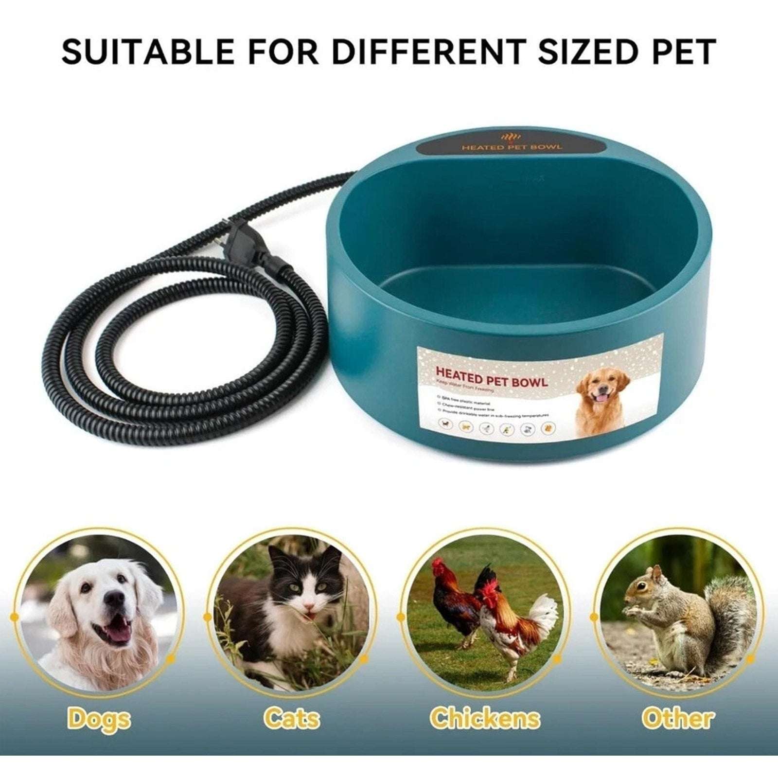 35W Heated Pet Water Bowl Waterproof Thermostatically Control AntiChew Cord 2.2L
