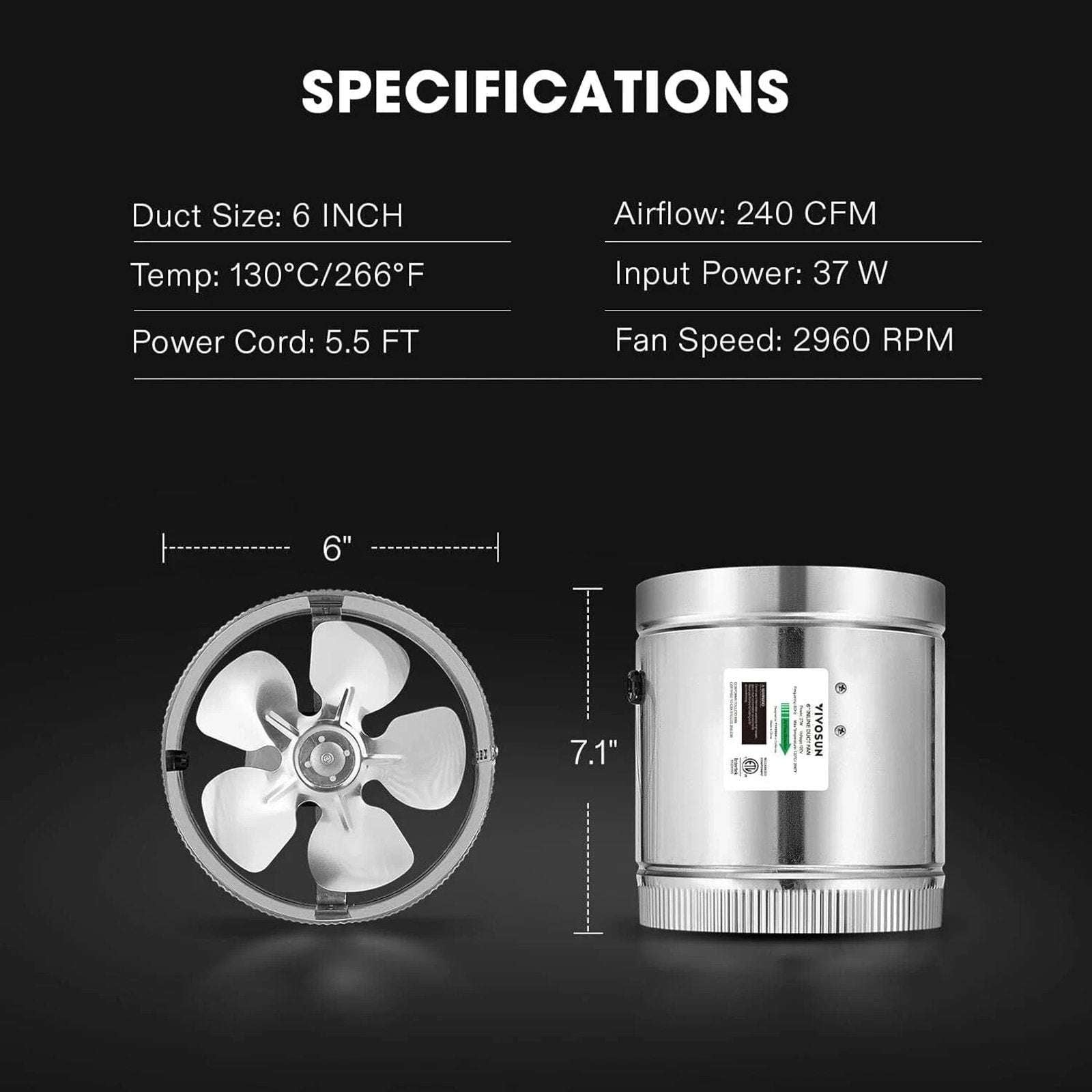 VIVOSUN 6in Electric Inline Duct Fan 240CFM, HVAC Exhaust Intake Fan Low Noise
