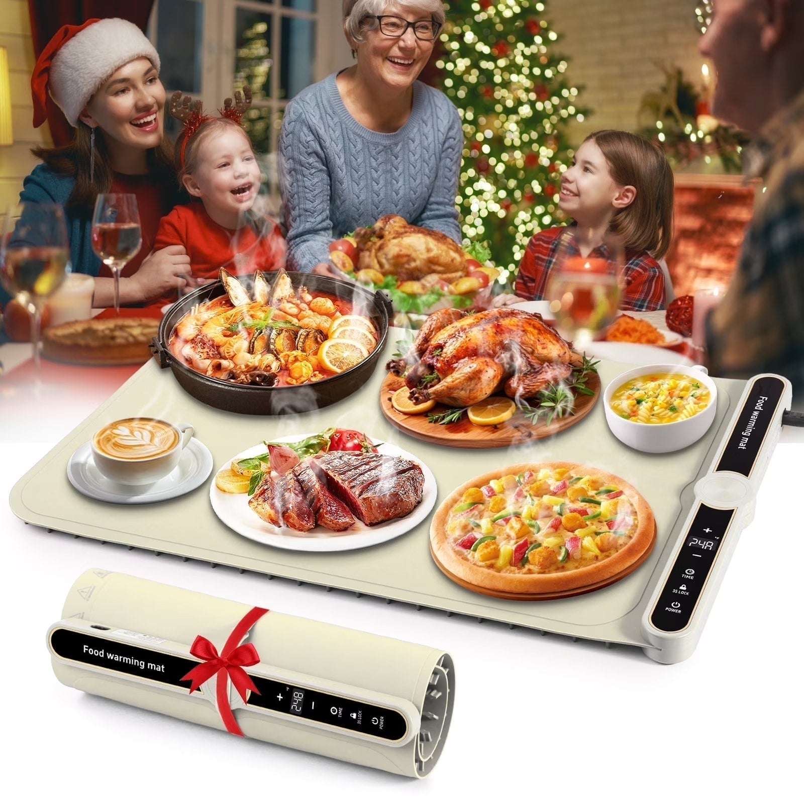 Electric Silicone Food Warming Mat 9 Temp/6 Timer Portable, Rollable, Child-Lock