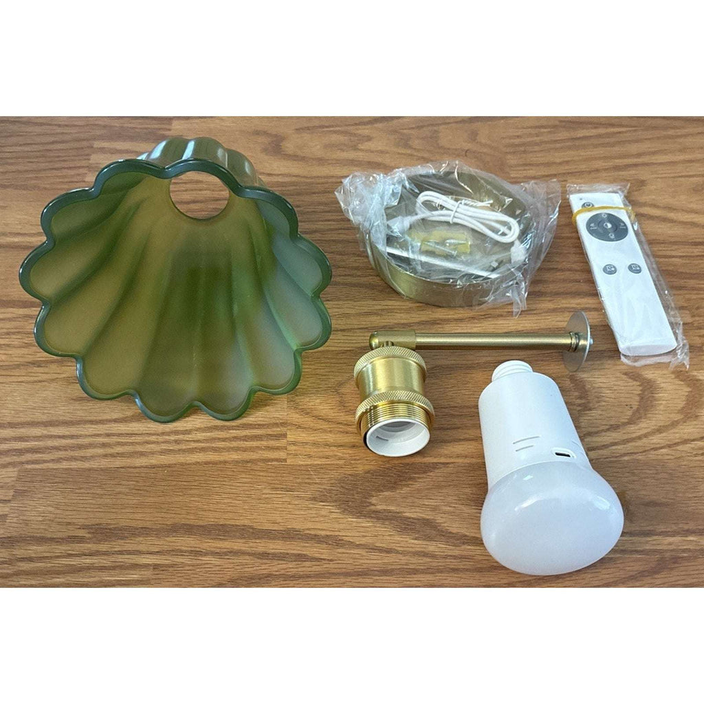 2Pc Vtg Wireless Wall Sconce Green Tulip Glass & Gold w Remote Rechargeable Bulb
