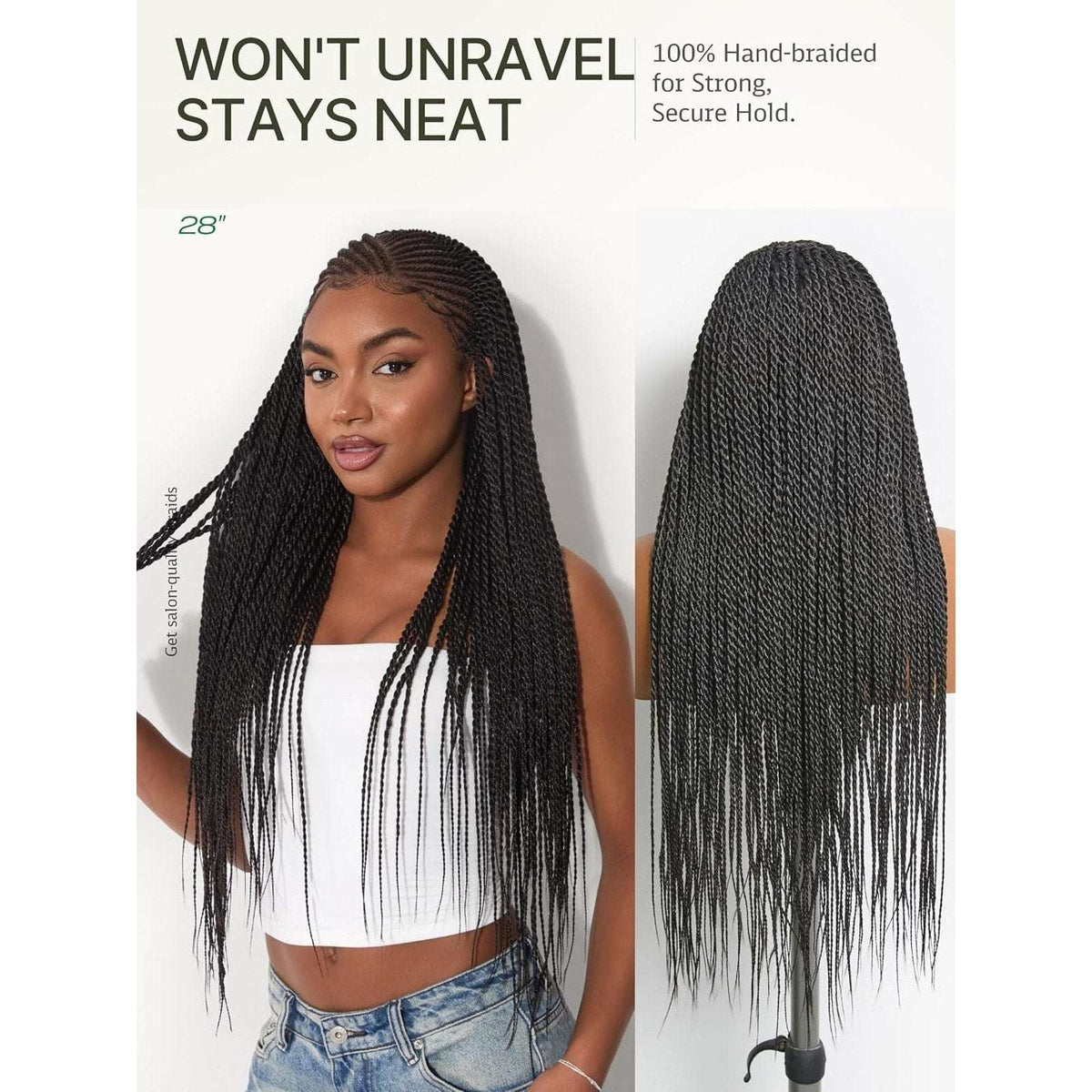 Boho 13X6 HD Lace Cornrow Twisted Braid Wig w/ Baby Hair 28" 180% Density Black