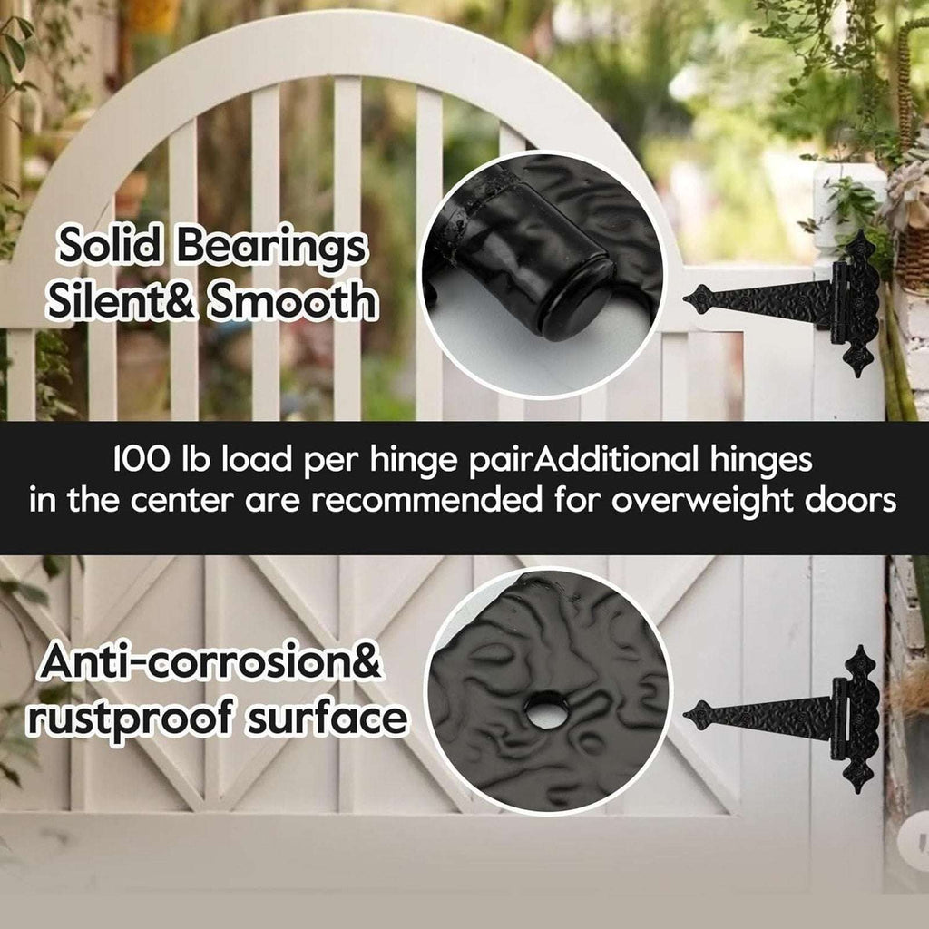 6" Heavy Duty Hammered Black Steel Gate T Hinge Strap Shed, Barn Doors - 6 Pack