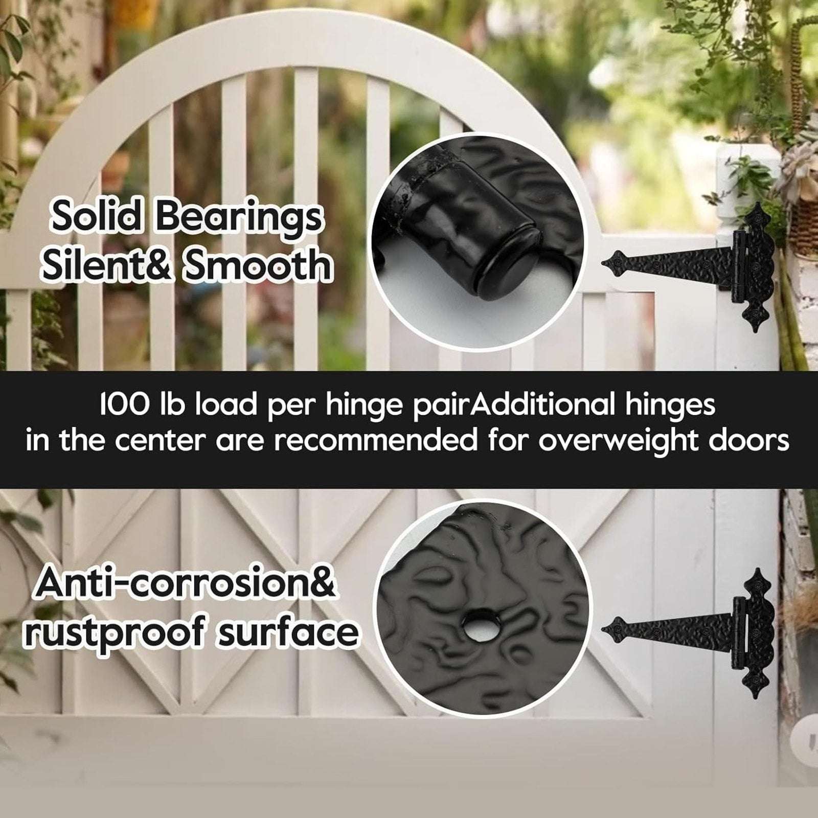 6" Heavy Duty Hammered Black Steel Gate T Hinge Strap Shed, Barn Doors - 6 Pack