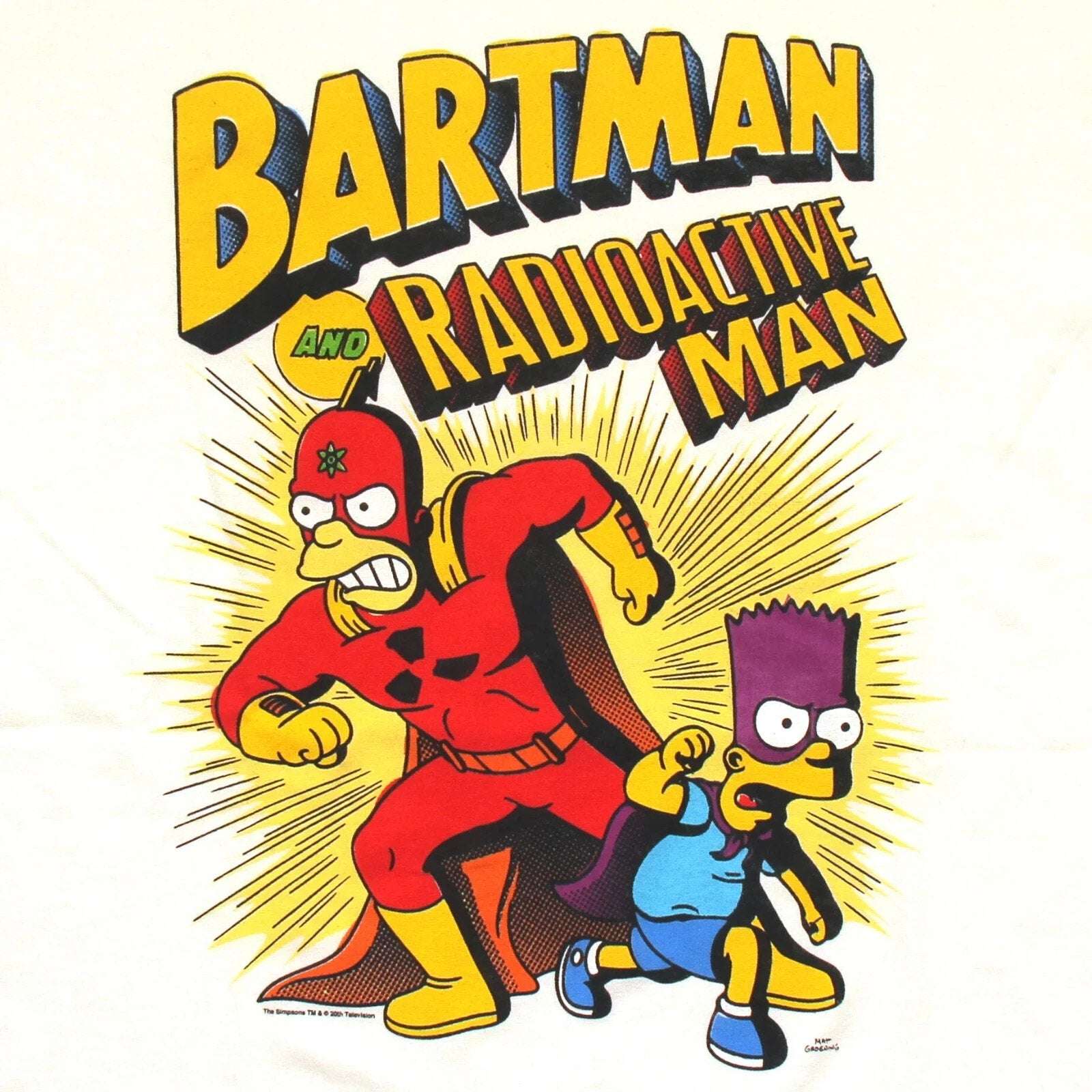 Simpsons - BARTMAN And RADIOACTIVE MAN • White Graphic T-Shirt Bart & Homer • L