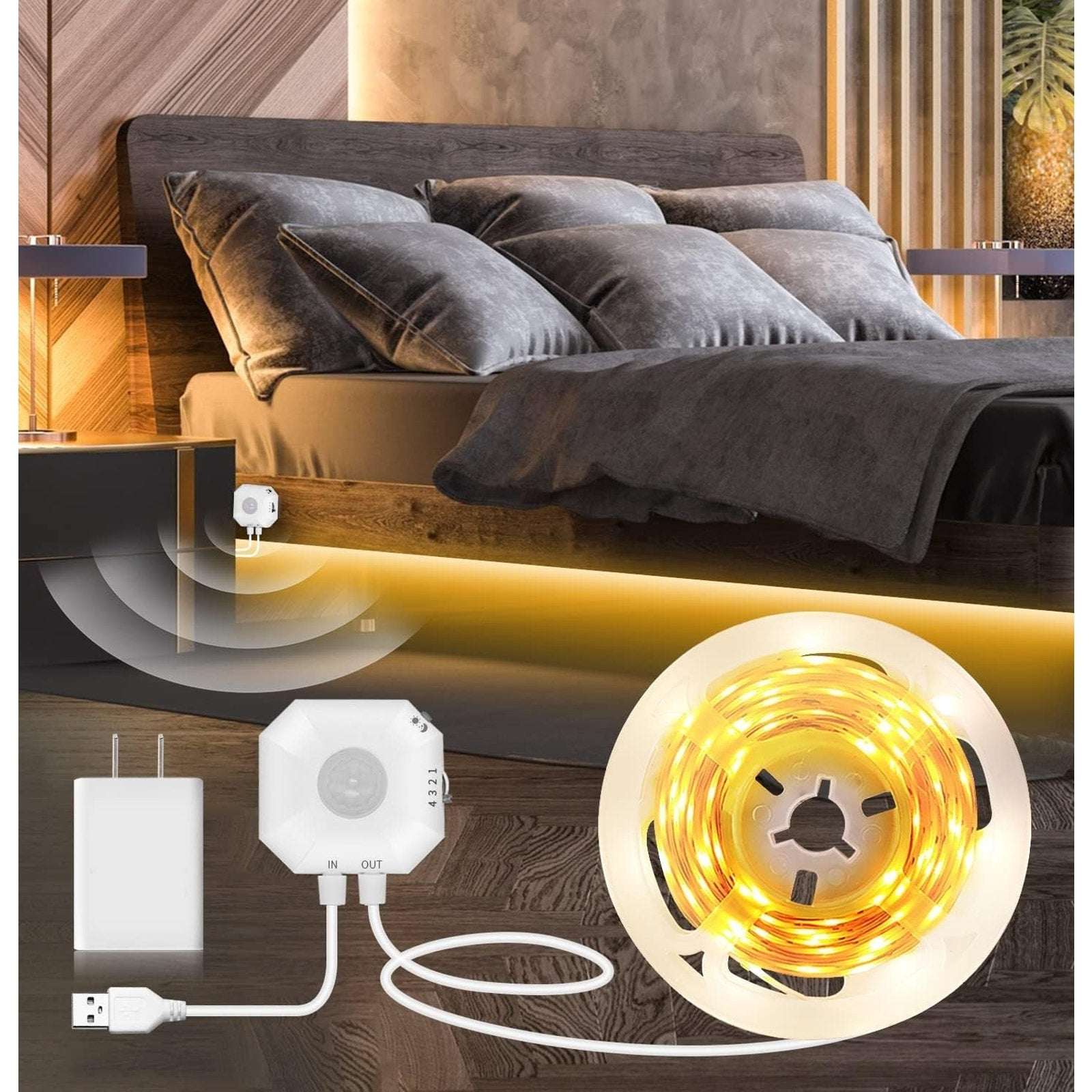 Motion Sensor LED Light Strip 16.4Ft Warm White 3000K & Multi-Colored USB Power