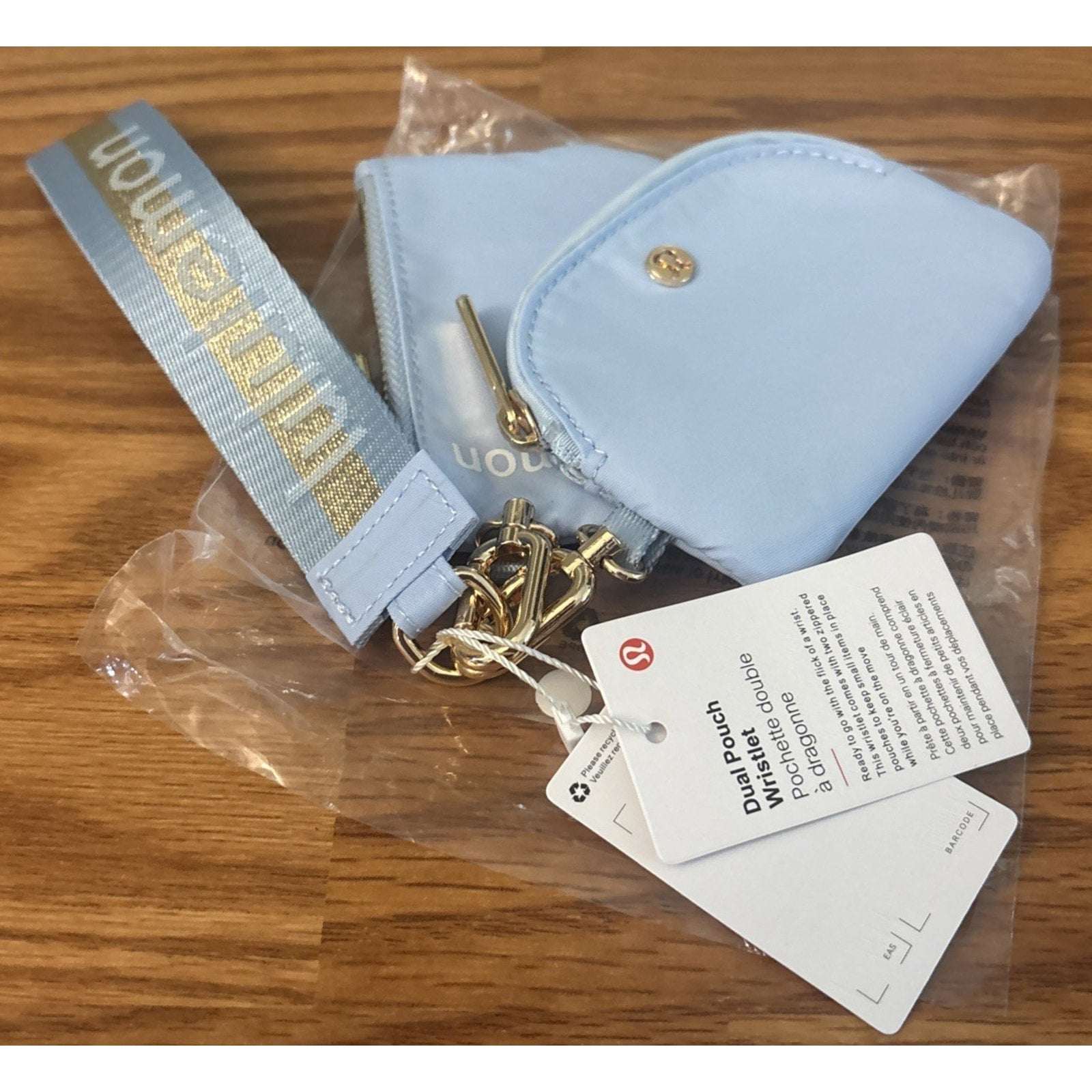 Lululemon Dual Pouch Wristlet Wordmark Dreamy Blue with Gold