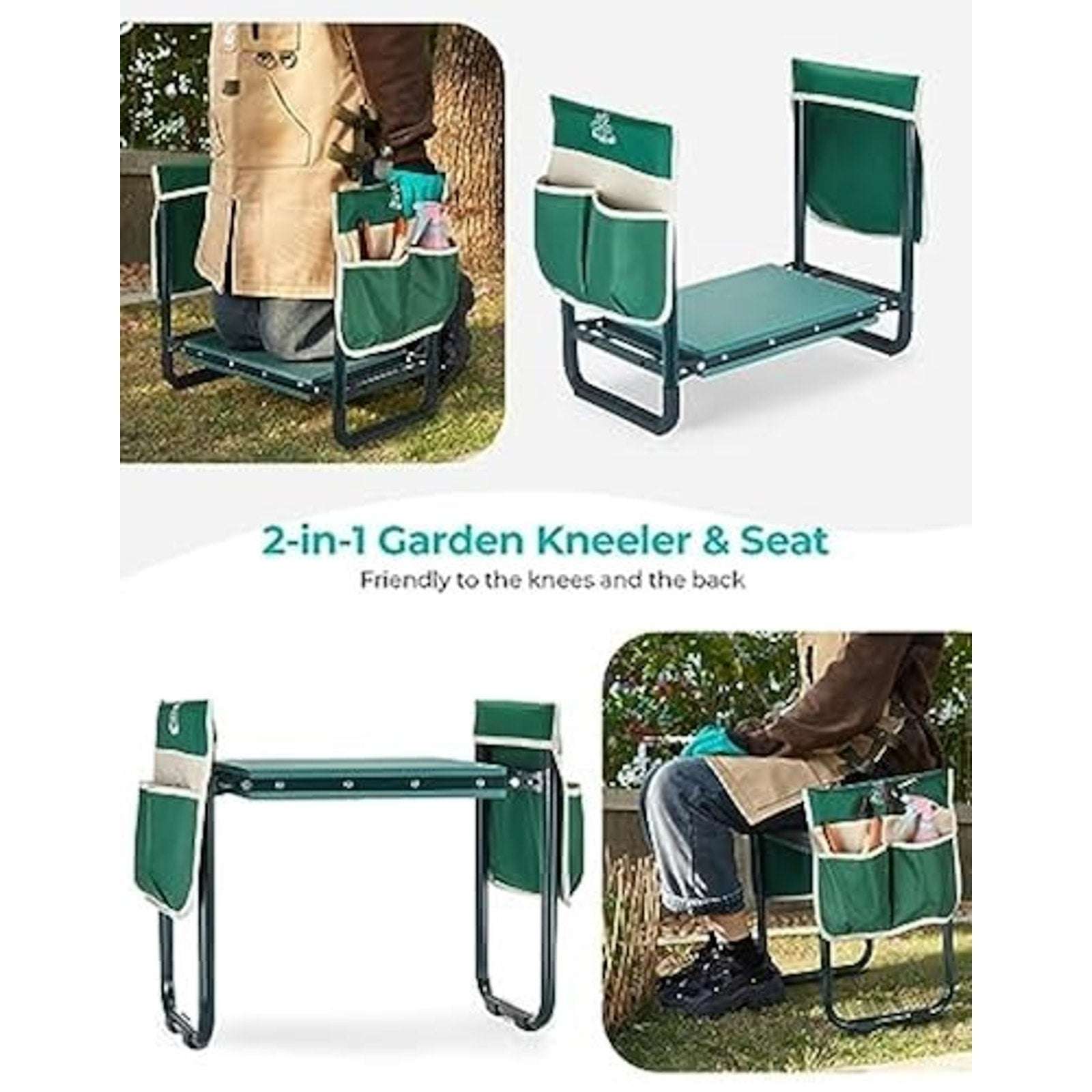 DEERFAMY 10.2"W Gardening Stool, Garden Kneeler Seat Tool Pouches 350lbs Green