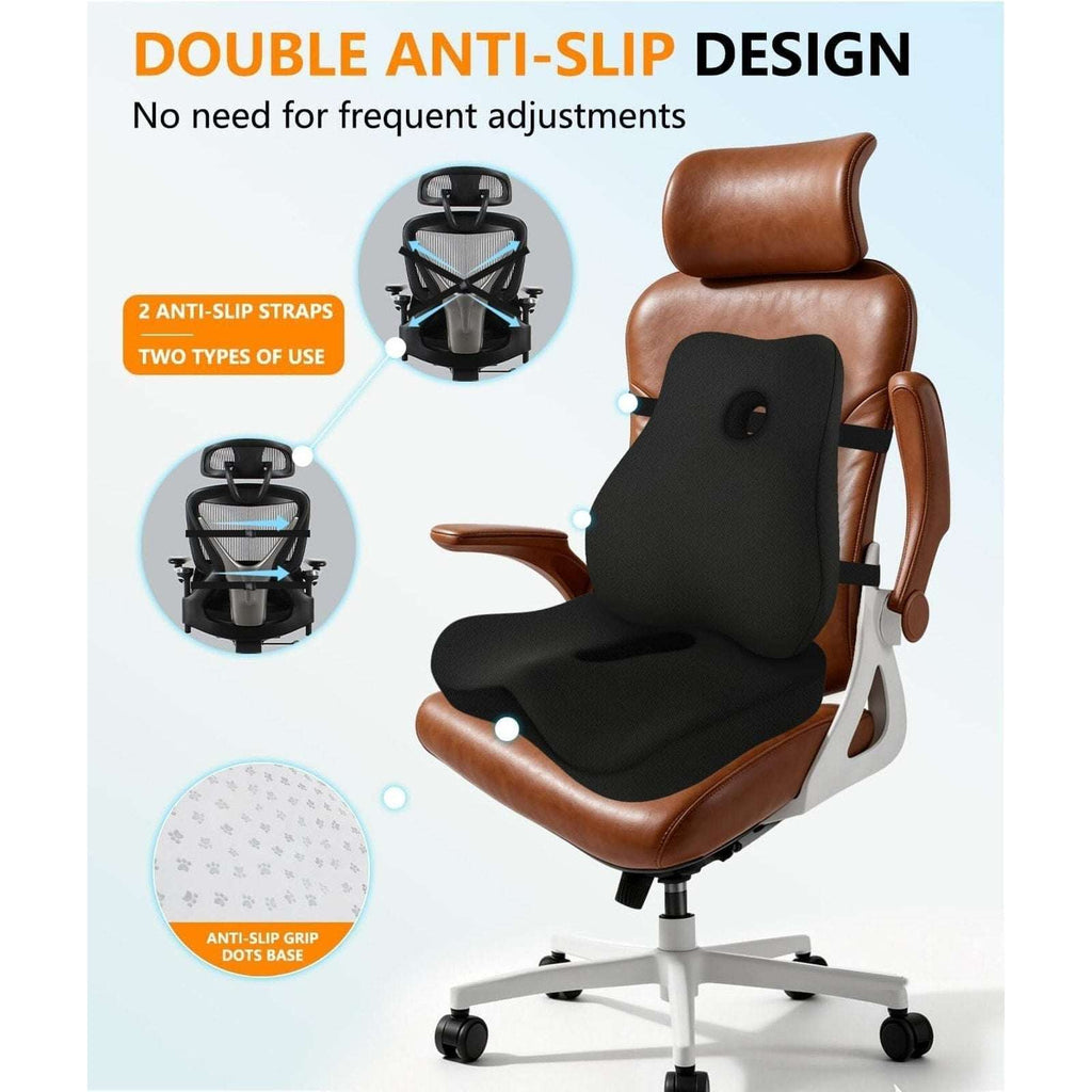 Ergonomic Memory Foam Back Support Pillow & Seat Cushion Lumbar to Coccyx Relief