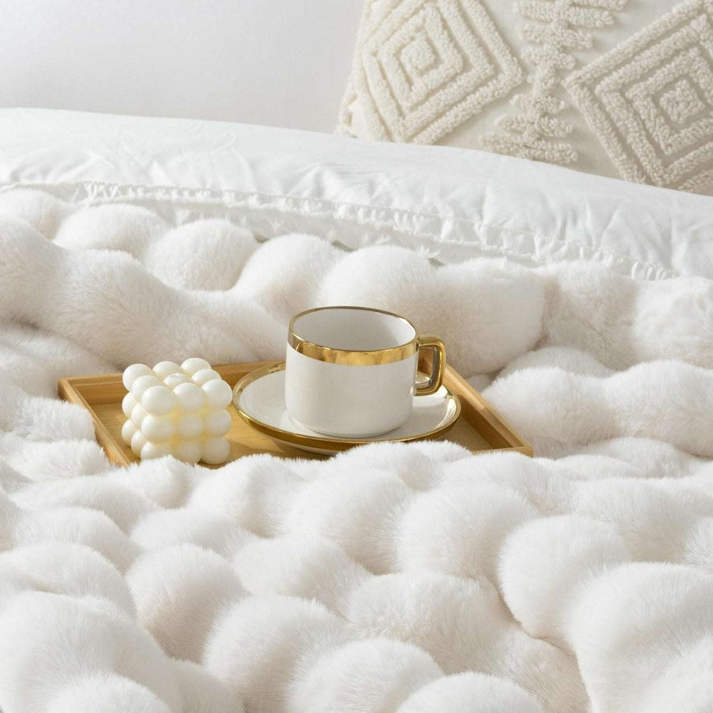Faux Fur Throw Blanket – Cream White Fluffy Cozy Rabbit Fleece, Plush 50" x 60"