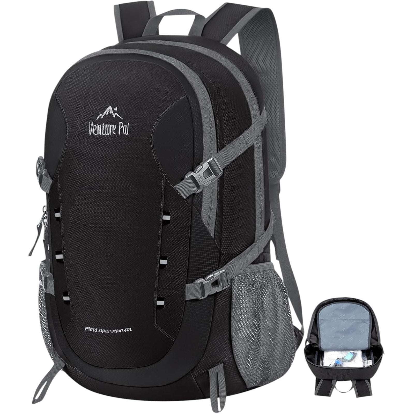 HIKING BACKPACK Lightweight Travel Daypack Black 40L VENTURE PAL Field Operation