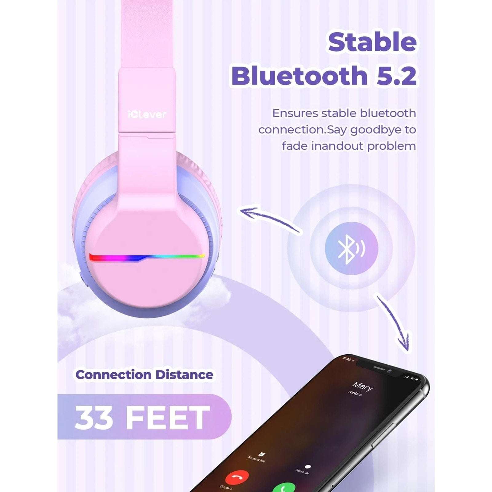 iClever BTH12 Kids Bluetooth Headphones Colorful LED Lights Wireless w/ Mic Pink