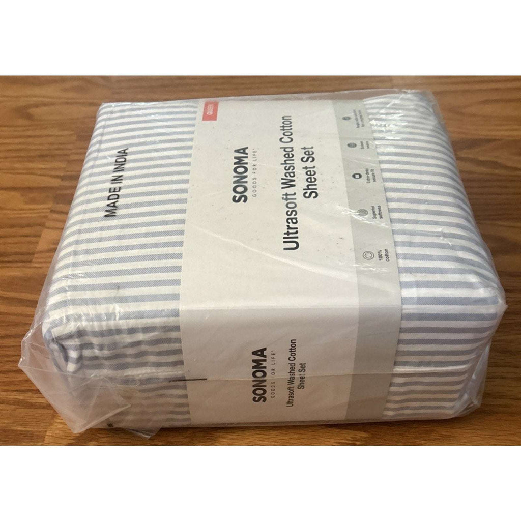 SONOMA ULTRA SOFT WASHED COTTON 4PC SHEET SET Extra Deep Fit Blue Stripe QUEEN