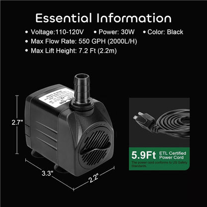 GROWNEER 550GPH Submersible Pump 30W Ultra Quiet Fountain Water Pump, 2000L/H,