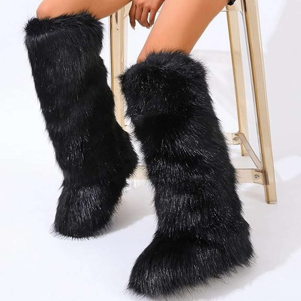 Y2K Rave Shaggy Mongolian Faux Fur Knee High Black Furry Moon Boots Sz 12 Womens