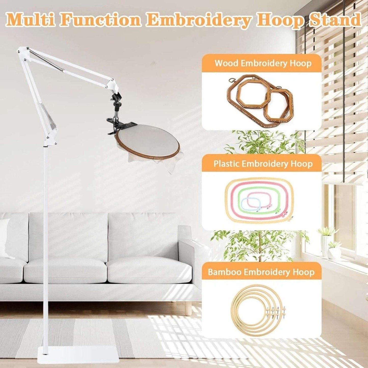 Embroidery Hoops Floor Stand Holder, 360° Rotate Hands Free + Phone Holder White