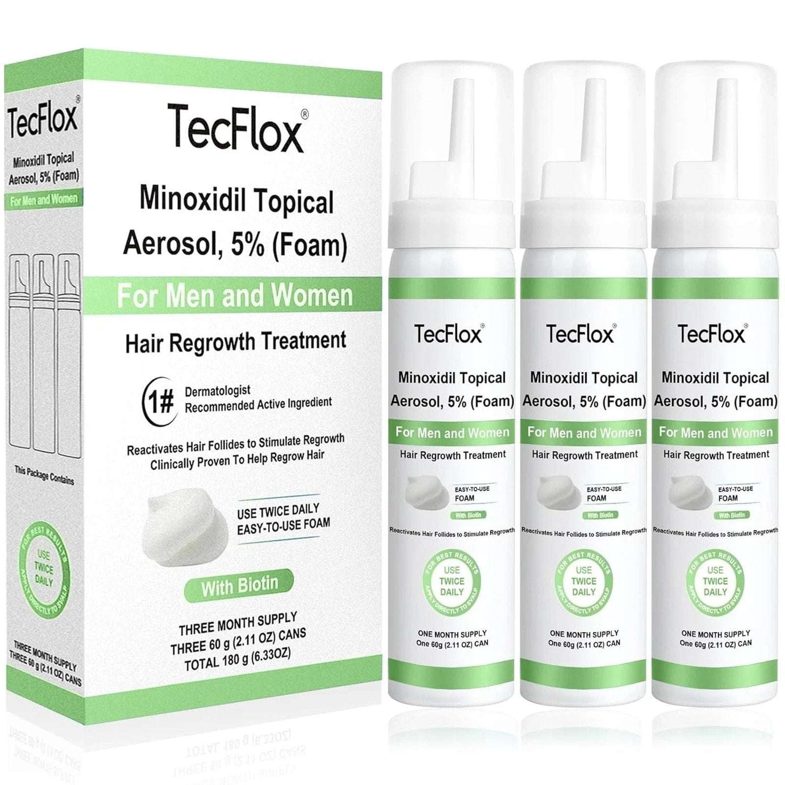 TecFlox 5% Minoxidil Hair Regrowth Foam with Biotin for Men & Women, 6 Months