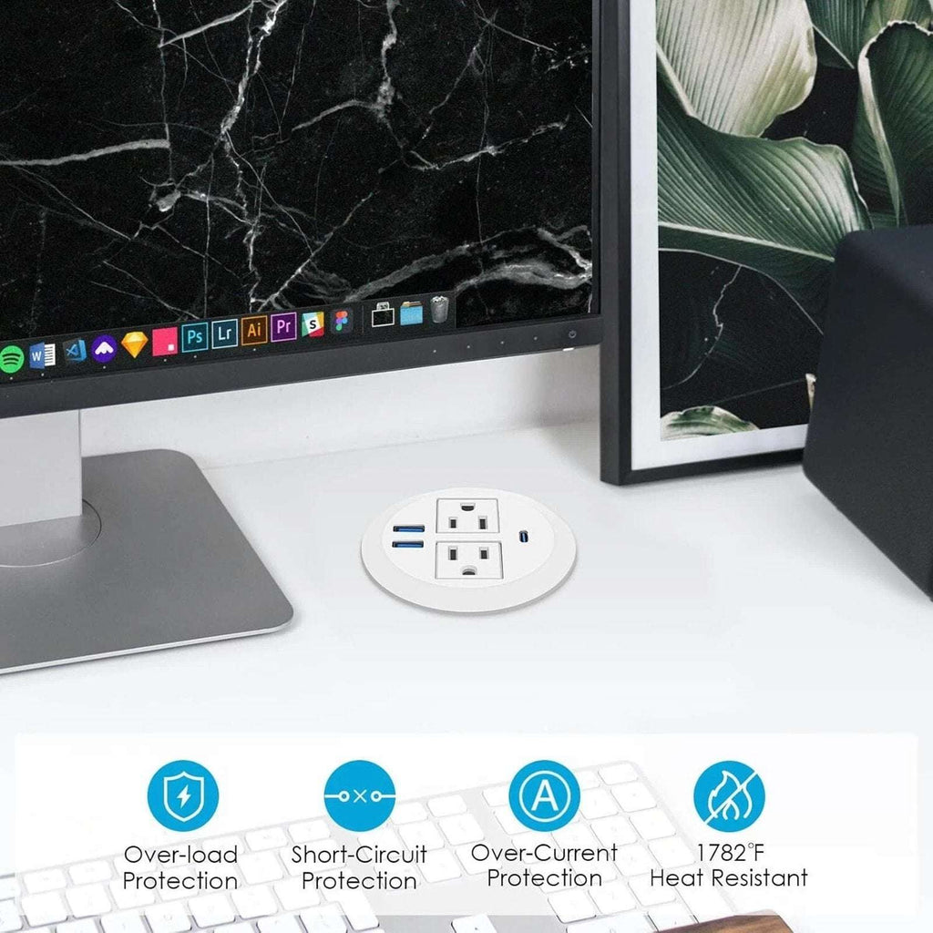 3" Recessed Desktop High-Speed Power Grommet Charging Station 2 Outlets & 3 USB