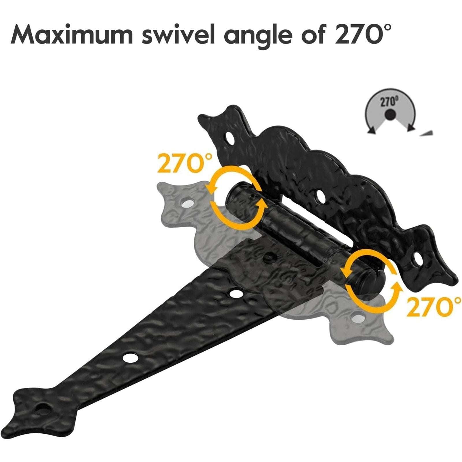 6" Heavy Duty Hammered Black Steel Gate T Hinge Strap Shed, Barn Doors - 6 Pack