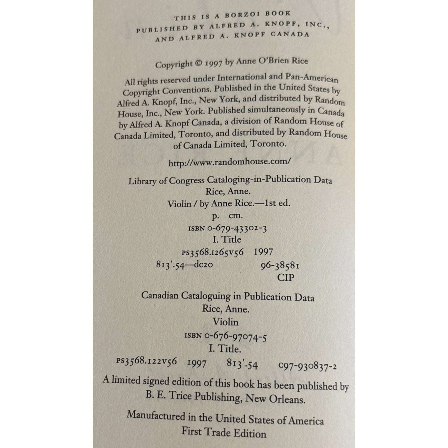 Violin by Anne Rice 1997 HC/DJ Stated First Trade Edition