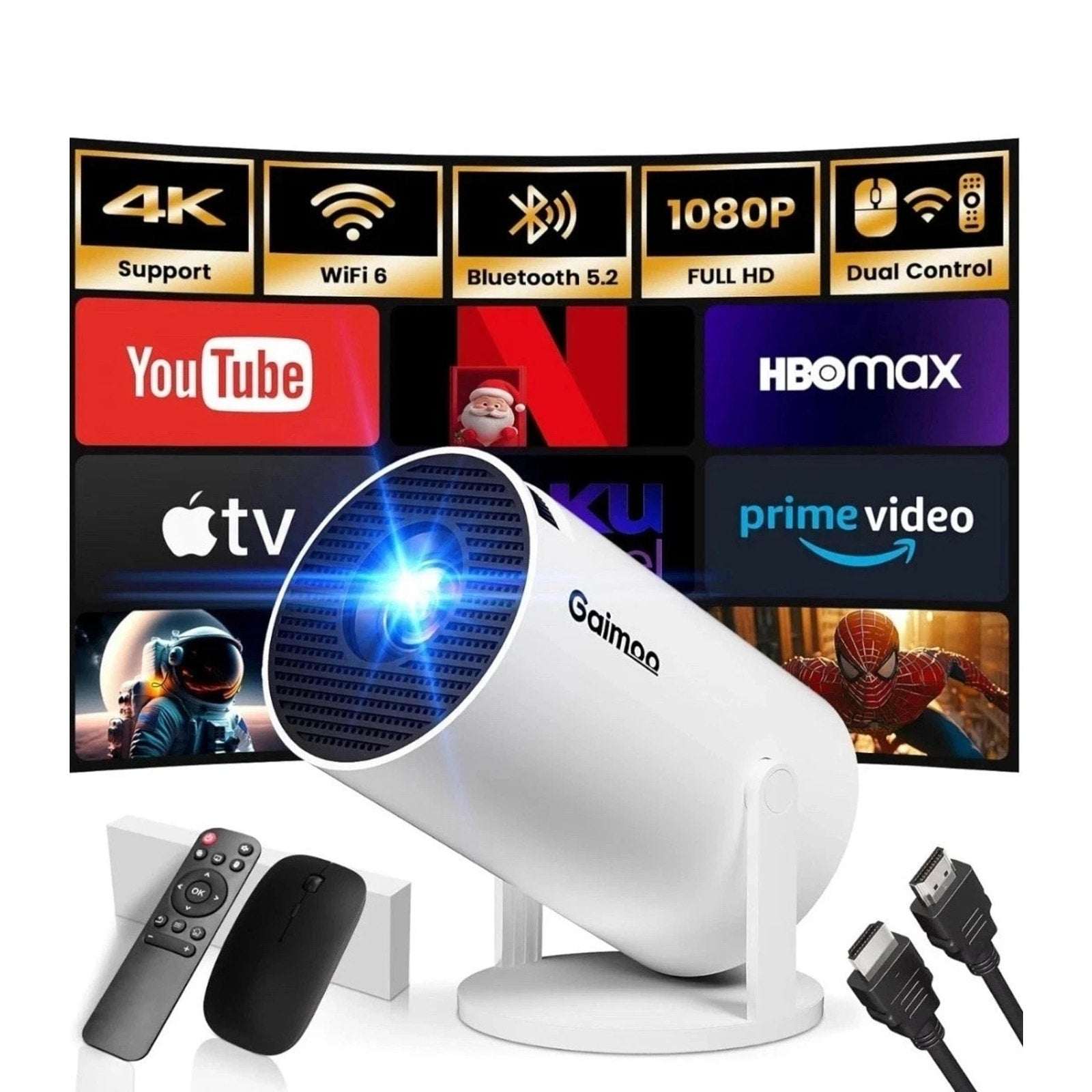 Gaimoo 1080P FHD 4K Home Theater Projector WiFi Bluetooth w Mouse, Remote Bundle