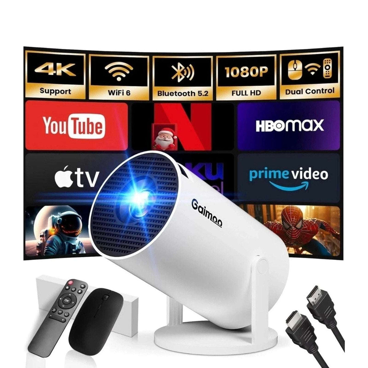 Gaimoo 1080P FHD 4K Home Theater Projector WiFi Bluetooth w Mouse, Remote Bundle
