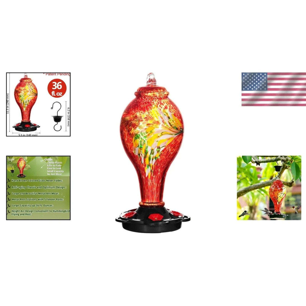 36OZ Hand Blown Glass Hanging Hummingbird Feeder with 5 Flower Feeding Stations
