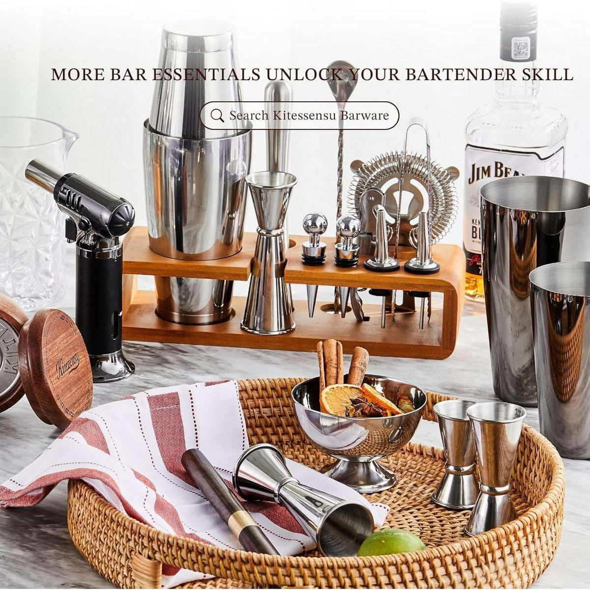 Black Stainless Steel Cocktail Shaker Set Home Bar Bartender Kit w/ Bamboo Stand