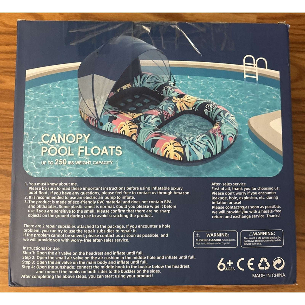 Pool Float w/ Canopy Inflatable Adult 60"x43" Lounger Raft w/ UPF 50+ Sunshade