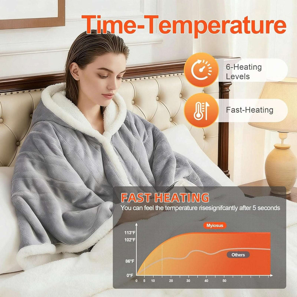 Wearable Sherpa & Velvet Heated Blanket with Hood & Pockets 6 Heat Levels, Timer