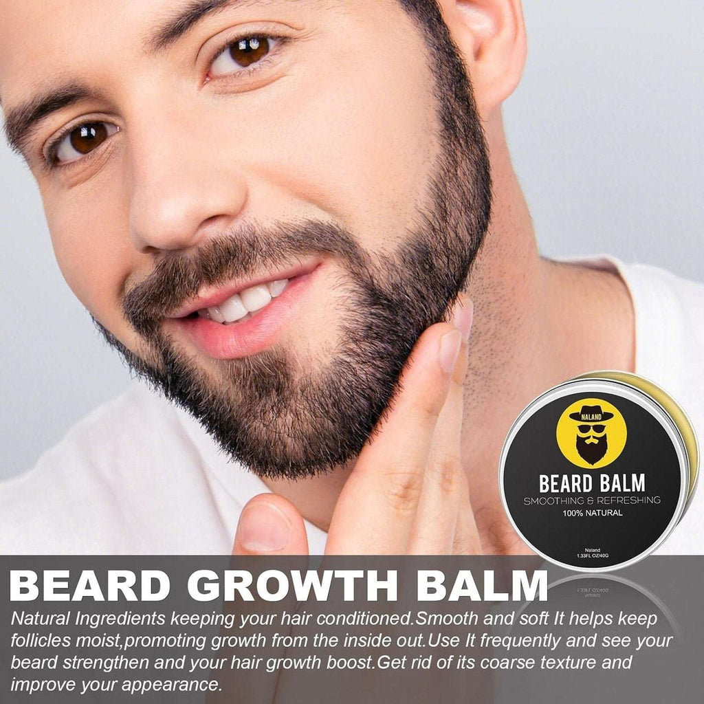Naland Beard Growth Kit - Growth Oil (2oz), Beard Balm, Beard Comb & Massager