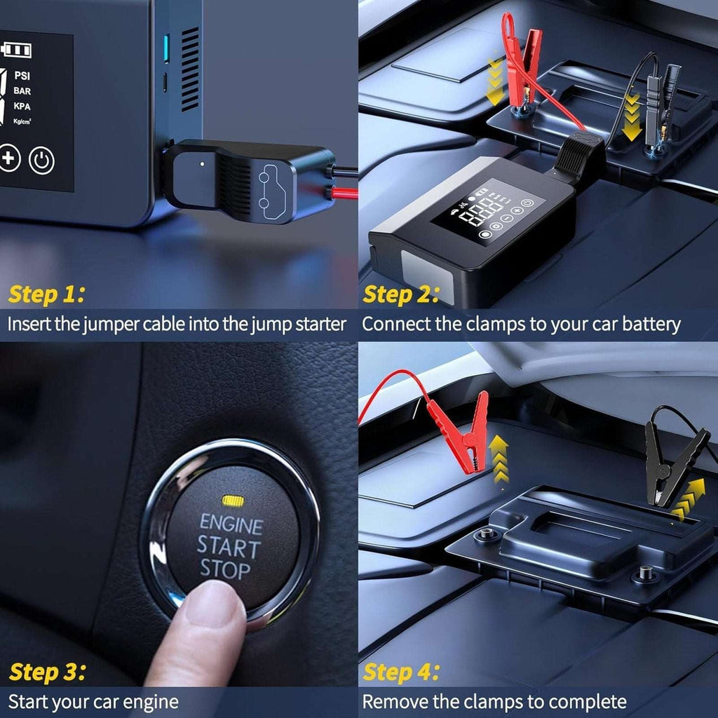 4000A 12V Car Jump Starter, 15000mAh Power Bank, Air Pump & LED Light Gas/Diesel