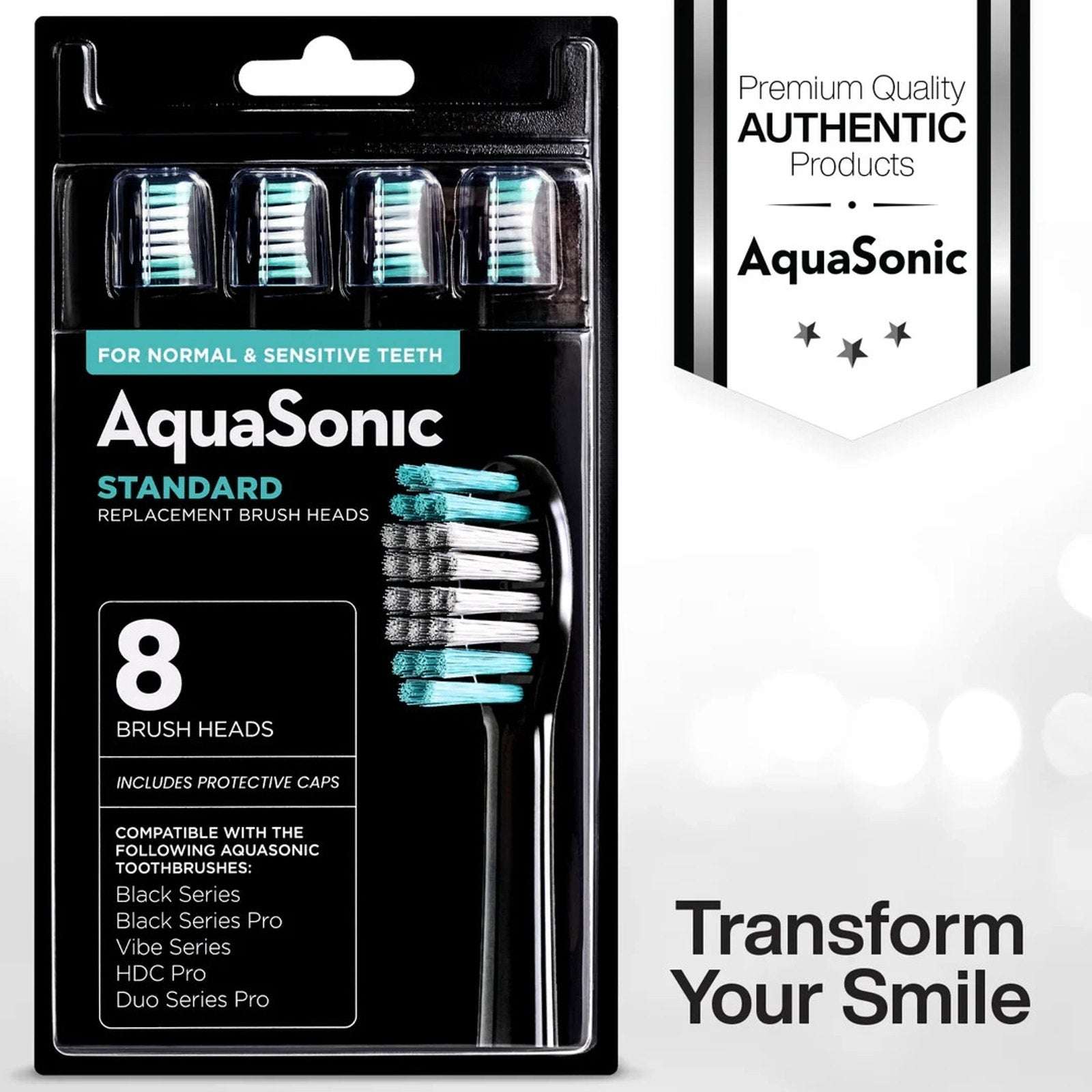 AquaSonic Replacement Brush Heads Normal & Sensitive Teeth 8 Pack Black Series+