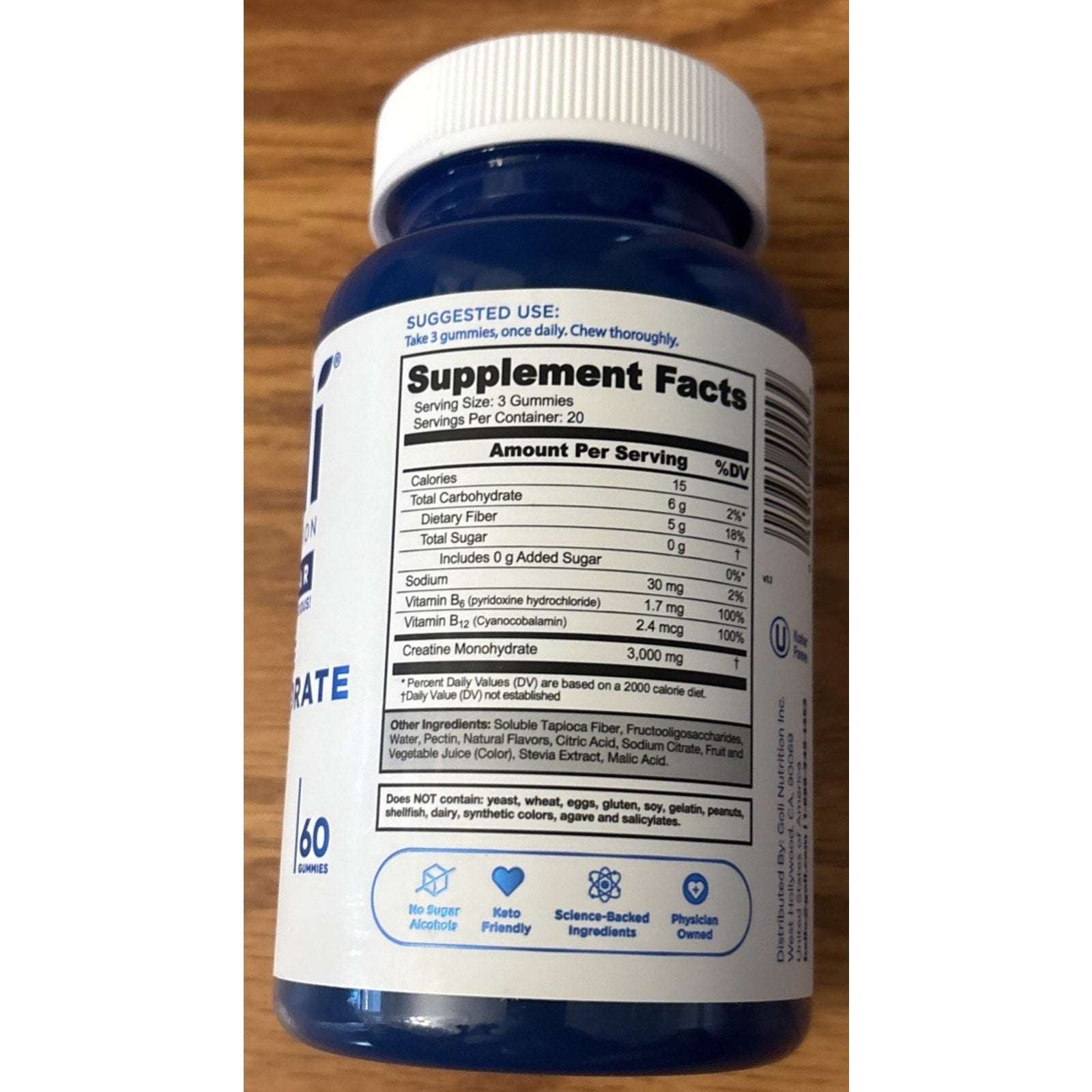 Goli Creatine Monohydrate Gummies 60 Count Zero Sugar Gluten-Free Exp 10/2027