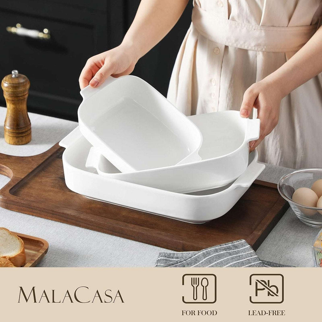 MALACASA 3PC Porcelain Casserole Baking Dish Set for Oven Ceramic Bakeware White
