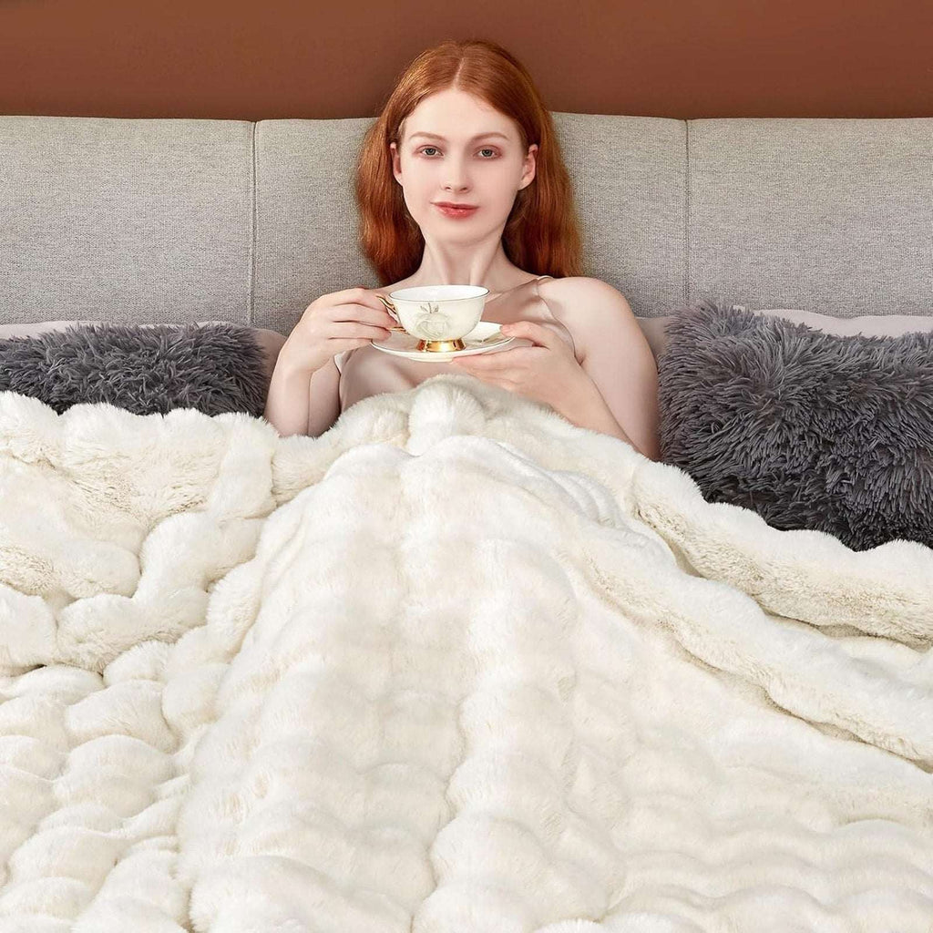 Faux Fur Throw Blanket – Cream White Fluffy Cozy Rabbit Fleece, Plush 50" x 60"