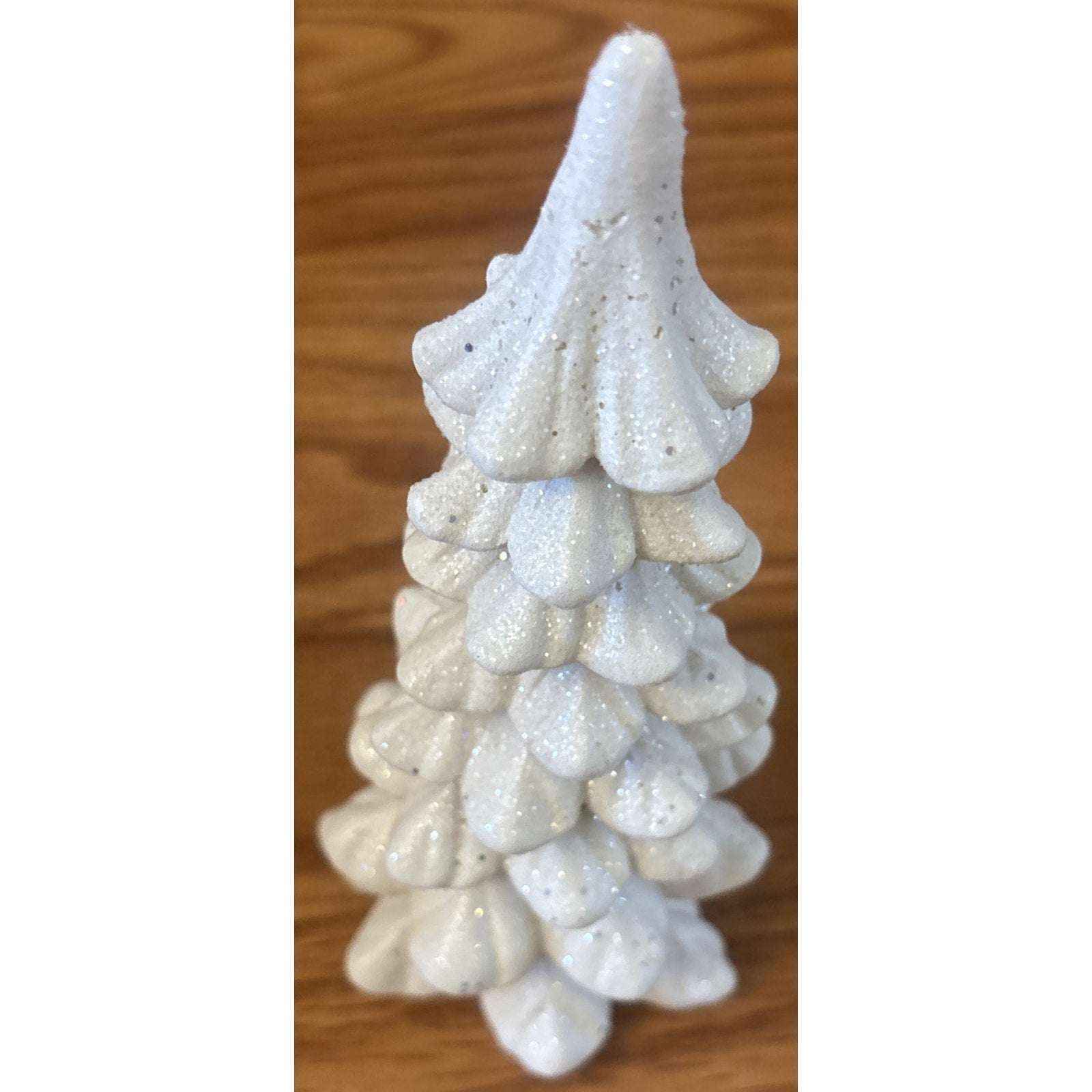 Resin Christmas Tree Figurines, 2 Piece Set Glitter Dusted Tabletop White/Silver