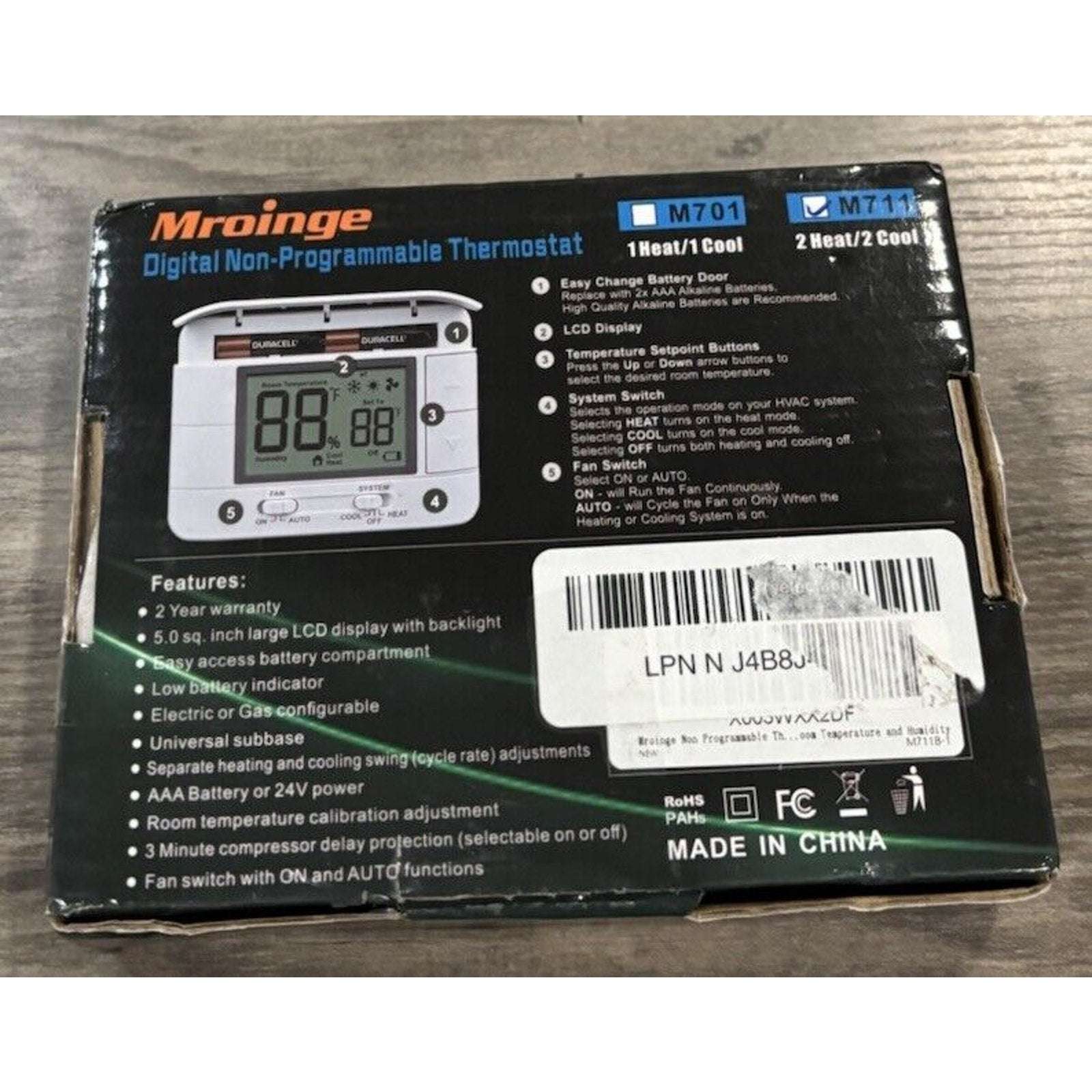 Mroinge Digital LCD Non Programmable Thermostat for Home - 2 Heat / 2 Cool M711