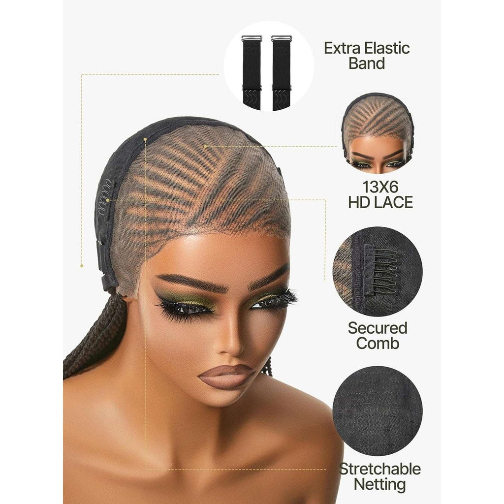 Boho 13X6 HD Lace Cornrow Twisted Braid Wig w/ Baby Hair 28" 180% Density Black