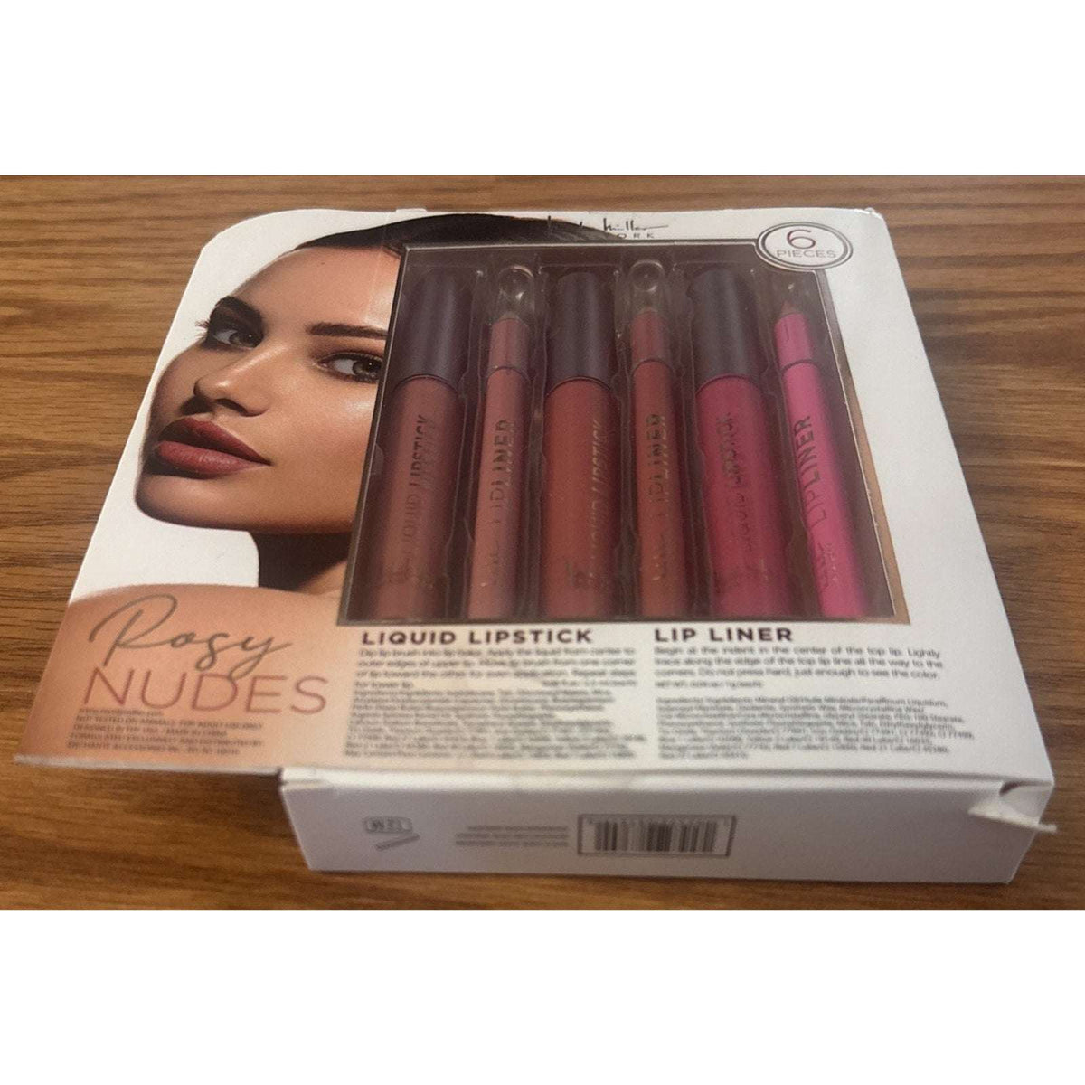 Nicole Miller NY Rosy Nudes Liquid Lipstick & Liner 6Pc Set Rose, Peach & Mauve